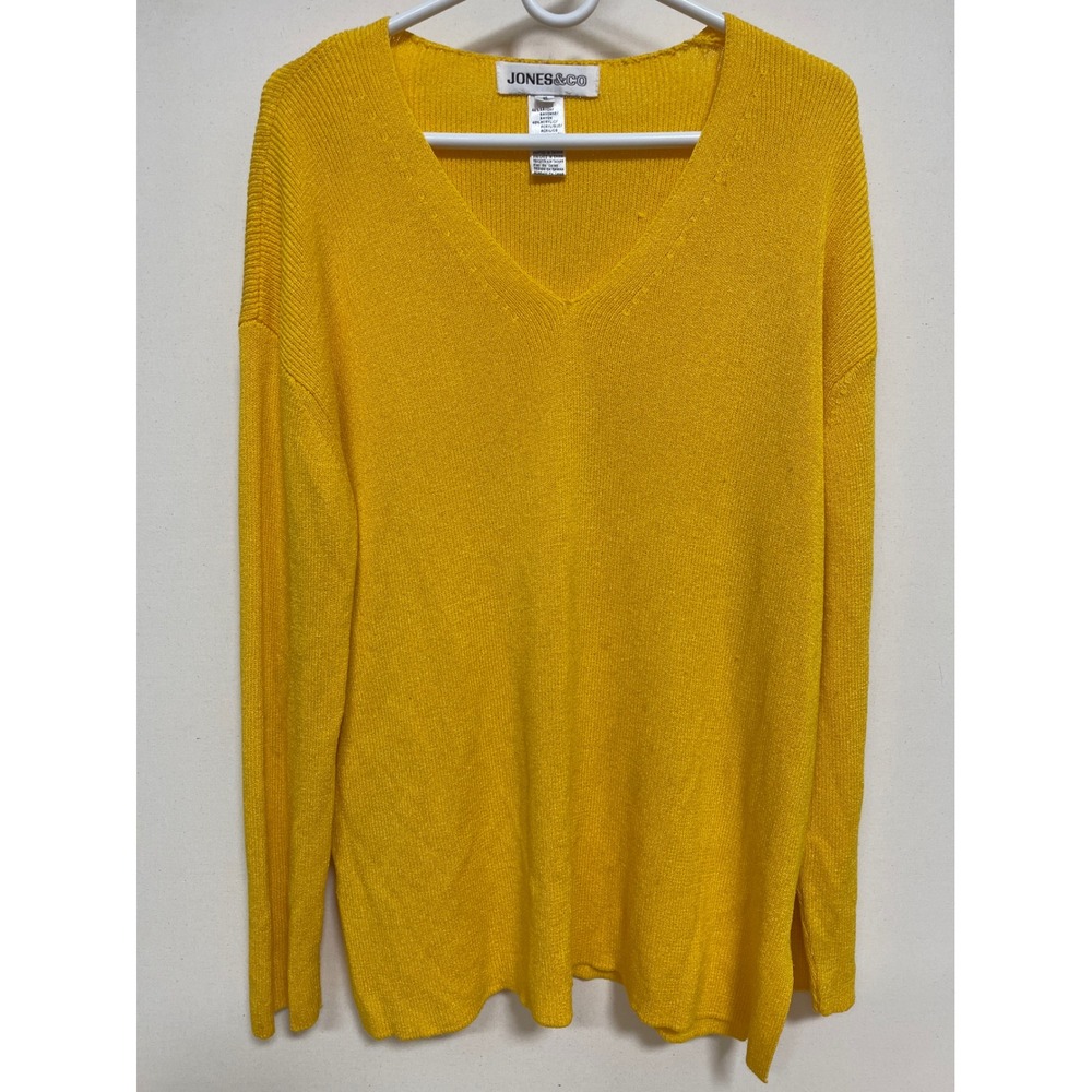 Jones & Co Womens Mustard Yellow V-Neck Drop Shoulder Knit Sweater Size Large
